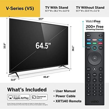 VIZIO 65-Inch V-Series 4K UHD LED HDR Smart TV with Apple AirPlay and Chromecast Built-in, Dolby Vision, HDR10+, HDMI 2.1, Auto Game Mode and Low Latency Gaming (V655-H19) (Renewed) 3