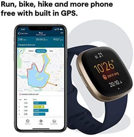 Fitbit Versa 3 Health & Fitness Smartwatch with GPS, 24/7 Heart Rate, Alexa Built-in, 6+ Days Battery, Midnight Blue/Gold, One Size (S & L Bands Included) 3