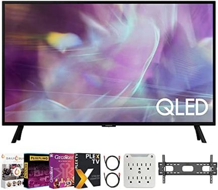 Samsung QN32Q60AA 32 Inch QLED HDR 4K UHD Smart TV (2021) Bundle with Premiere Movies Streaming + Deco Mount 19-45 inch Slim Flat Wall Mount Kit + 6-Outlet Surge Adapter + 2X 6FT 4K HDMI 2.0 Cable 1