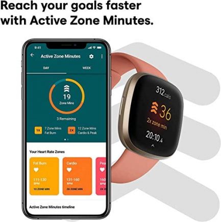 Fitbit Versa 3 Health & Fitness Smartwatch W/ Bluetooth Calls/Texts, Fast Charging, GPS, Heart Rate SpO2, 6+ Days Battery (S & L Bands, 90 Day Premium Included) International Version (Pink/Gold) 4