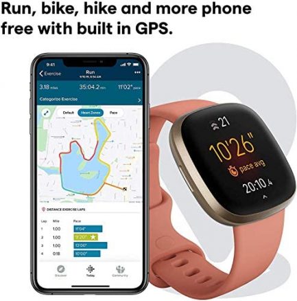 Fitbit Versa 3 Health & Fitness Smartwatch W/ Bluetooth Calls/Texts, Fast Charging, GPS, Heart Rate SpO2, 6+ Days Battery (S & L Bands, 90 Day Premium Included) International Version (Pink/Gold) 3