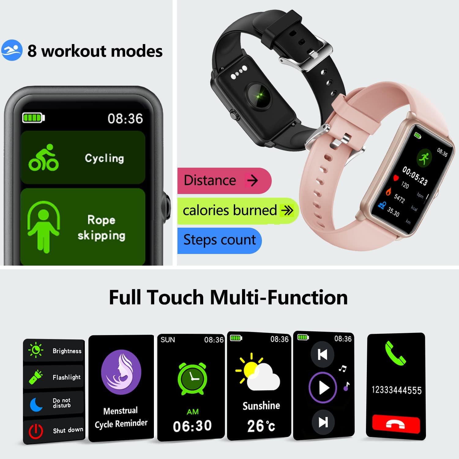 71auW-rKiUL._AC_SL1500_.jpg FITVII Fitness Tracker, Heart Rate Blood Pressure Monitor Activity Tracker, 1.57'' Touch Screen Calorie Step Counter IP68 Waterproof Watch with Weather Sleep Monitor Music Control for Women Men Kids 3