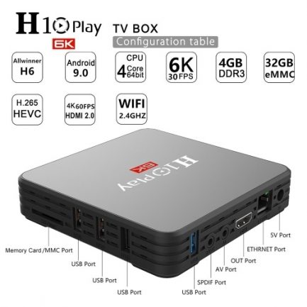 H10 PLAY Smart TV Box Android 9.0 Allwinner H6 Cortex-A53 Quad Core 64 Bit 4GB RAM/32GB ROM 2.4G WiFi Support TF Card H.265 Decoding 6K HD Media Player Set