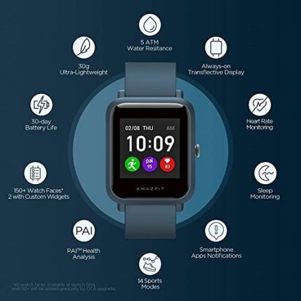 Amazfit Bip S Lite Smart Watch Fitness Tracker for Men, 30 Days Battery Life, 1.28”Always-on Display, 14 Sports Modes, Heart Rate & Sleep Monitor, 5 ATM Waterproof, for Android Phone iPhone(Blue) 8