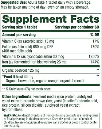 51fDJbRVqOL._AC_.jpg MegaFood Blood Builder - Iron Supplement Shown to Increase Iron Levels without Nausea or Constipation - Energy Support with Iron, Vitamin B12, and Folic Acid - Vegan - 60 Tabs 2