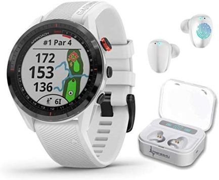Garmin Approach S62 Premium GPS White Golf Watch with Wearable4U White Earbuds with Charging Power Bank Case Bundle 1