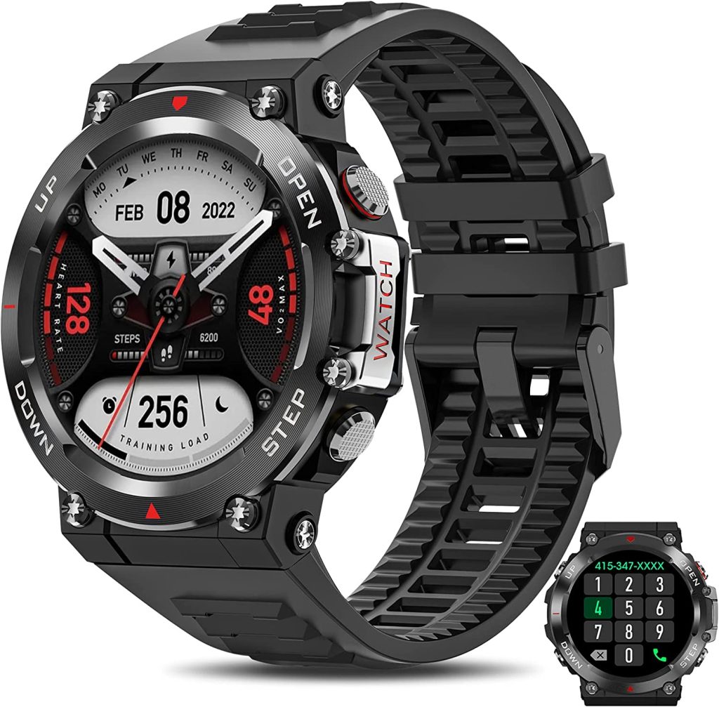 Military Smart Watch Men (Make Call/Answer), 2023 Newest Outdoor Waterproof Smartwatch, Rugged Bluetooth Smart Watch for Android iPhone, Tactical Fitness Tracker with Heart Rate/SpO2/AI Voice, Black 1