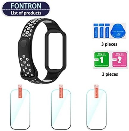 FONTRON Screen Protector and Watch Bands Compatible for Amazfit Band 7 Strap PET & TPU protective film and Silicone Correas Band 7 Replacement Wristband (Pack of 3+1) 7