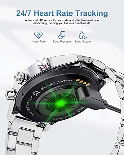 LIGE Smart Watch Men for Android iOS Bluetooth Answer Make Calls Heart Rate Sleep Monitor 1.32 HD Touch Screen IP67 Waterproof Silver Stainless Steel Fitness 20 Sport Mode Activity Tracker Smartwatch 7