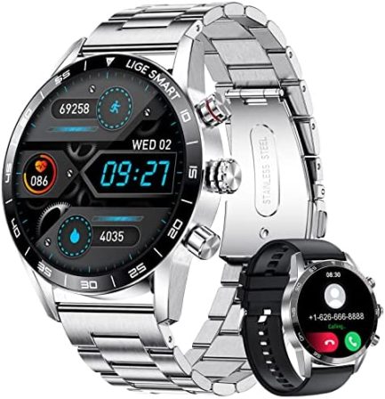 LIGE Smart Watch Men for Android iOS Bluetooth Answer Make Calls Heart Rate Sleep Monitor 1.32 HD Touch Screen IP67 Waterproof Silver Stainless Steel Fitness 20 Sport Mode Activity Tracker Smartwatch 1