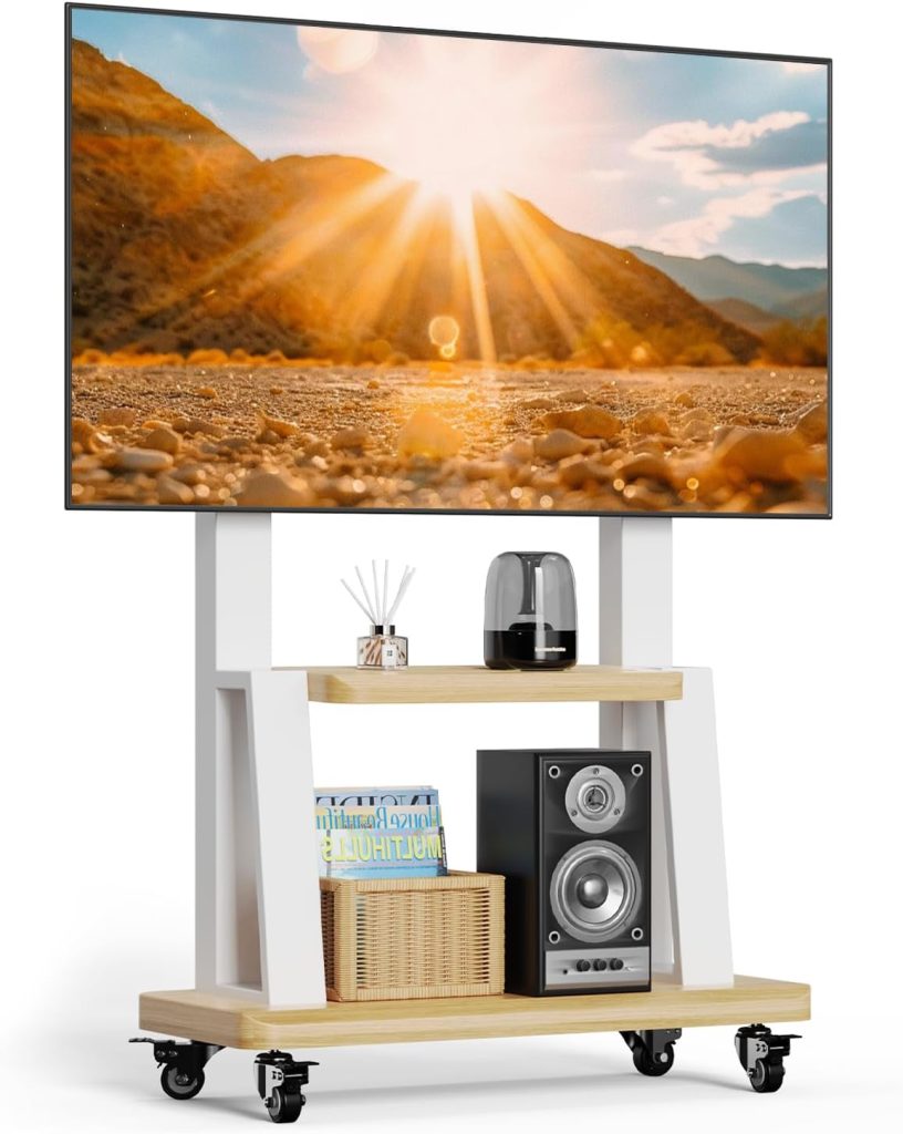 Mobile TV Stand,Rolling TVs Cart on Wheels Height Adjustable Heavy-Duty Floor Stand with Steel Shelf Base for 32-75 Inch LCD LED OLED Flat Panel Screens Smartboard Movable Holds up to 110lbs (White) 5