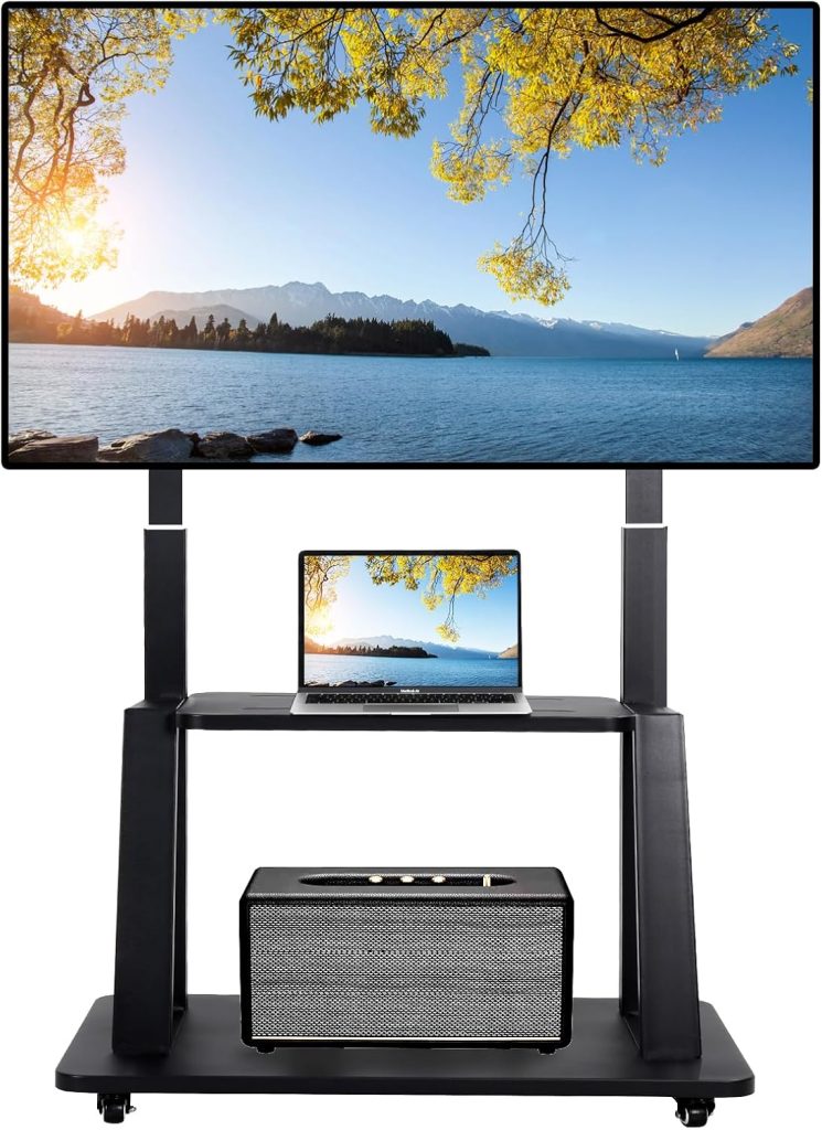 Rolling TV Stand Mobile TV Cart on Wheels for 42-86 Inch Flat/Curved LED/LCD/OLED Height Adjustable Heavy Duty Floor Portable TV Stand with Wheels with Laptop DVD Shelf Holds up to 176lbs 5