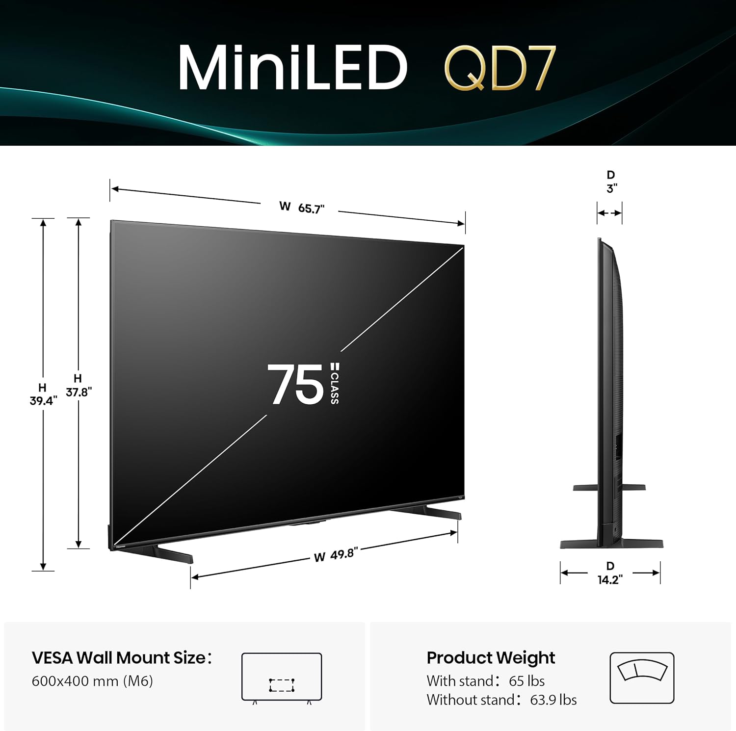 hisense 75" qd7 mini led 4k smart fire tv qled, 144hz, hdr10+, dolby vision/atmos, game mode pro, alexa built in (75qd7qf)