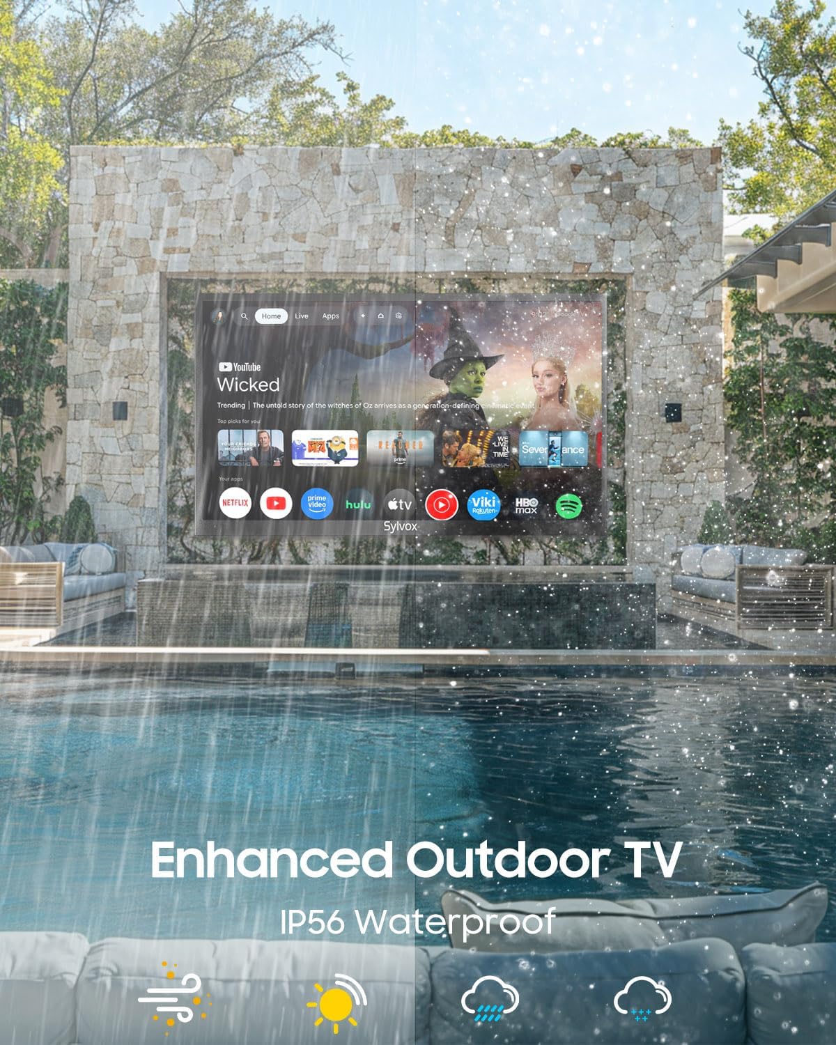sylvox outdoor tv, 55 inch waterproof smart tv, 2000 nits full sun tv, 4k, dolby atmos, hdr10, weatherproof television with voice assistant remote (pool pro 2.0, latest model)