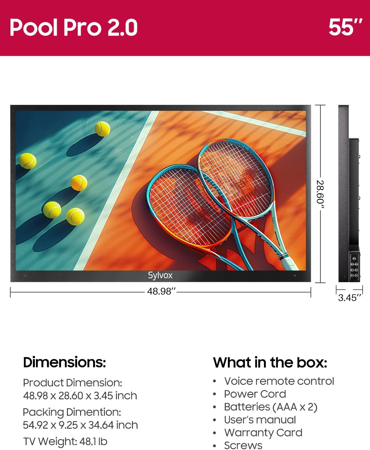 sylvox outdoor tv, 55 inch waterproof smart tv, 2000 nits full sun tv, 4k, dolby atmos, hdr10, weatherproof television with voice assistant remote (pool pro 2.0, latest model)