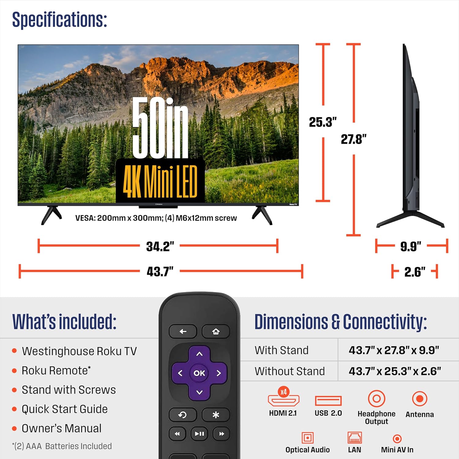 Westinghouse 50 Inch Mini LED 4K UHD Roku TV, Dolby Vision HDR, QLED Quantum Color, Local Dimming, MEMC Motion, Apple HomeKit & AirPlay 2 - Image 5