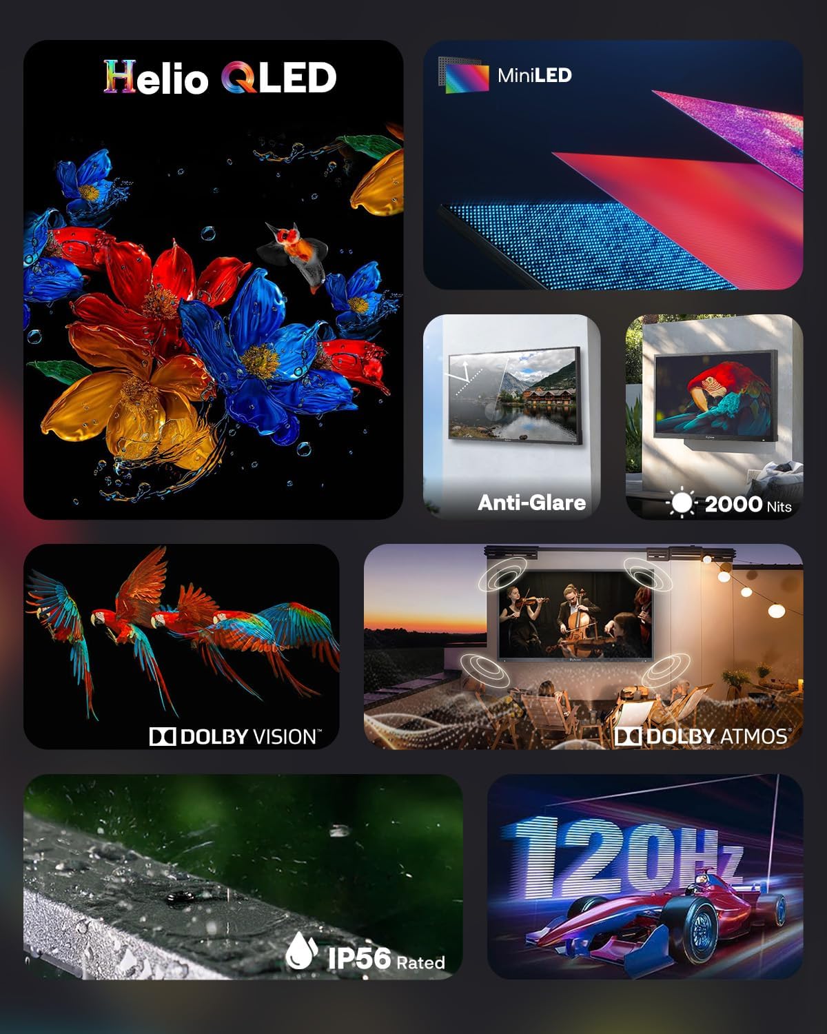 SYLVOX 75 inch Outdoor Mini-LED QLED TV, 4K Ultra HD Smart Google TVs, 2000 Nits Full Sun, Anti-Glare Screen, 120Hz Refresh Rate, IP55 Waterproof, Dual 30W Dolby Atmos Speaks (Cinema/2025) - Image 3