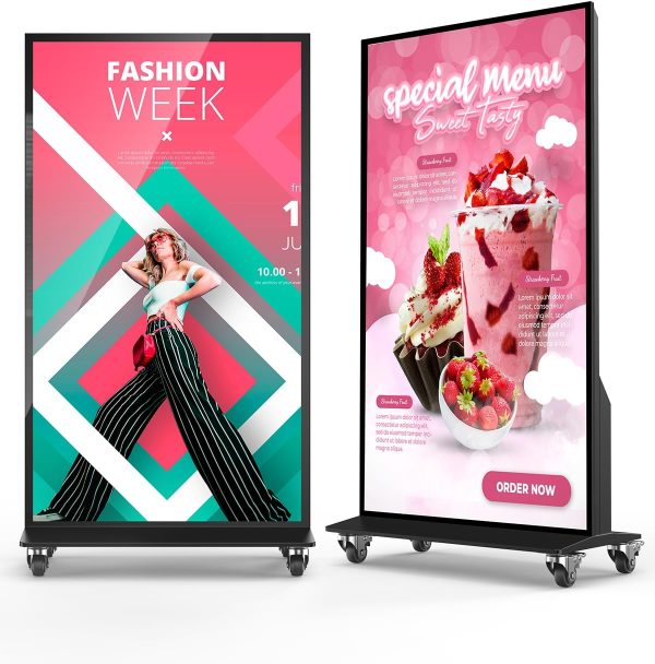 75 inch full screen digital signage display, 4k uhd 2160p screen indoor floor standing kiosk stand, android 11 os auto media player advertising poster with remote control, hdmi/wifi/usb