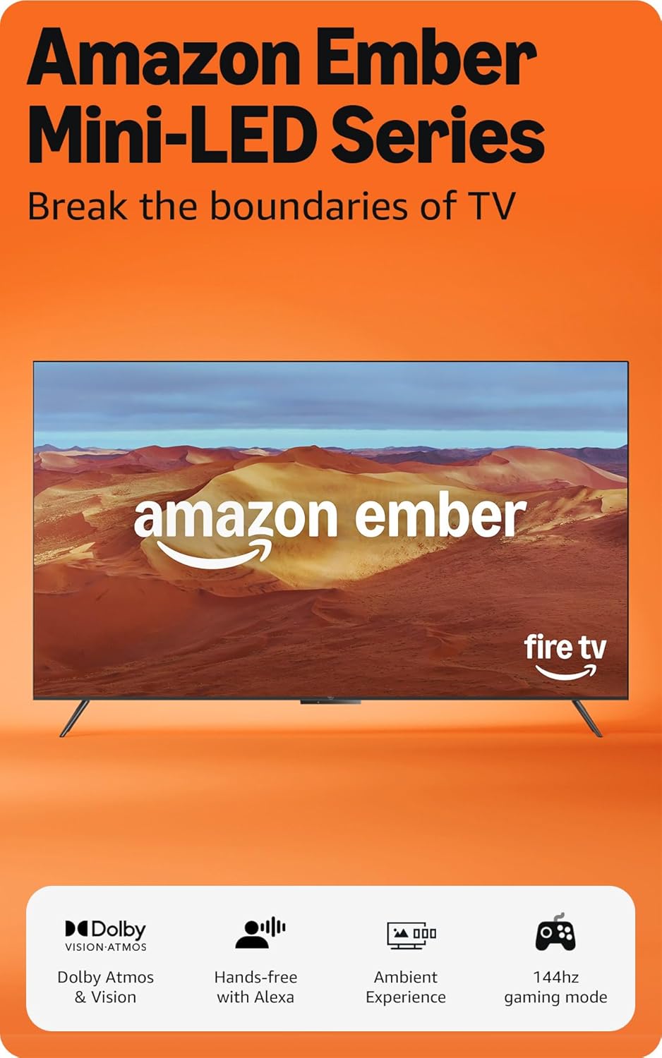 amazon ember 75" mini led series with fire tv (newest model), qled 4k uhd smart tv, dolby vision iq, 144hz gaming mode, ambient experience, find shows faster with alexa+