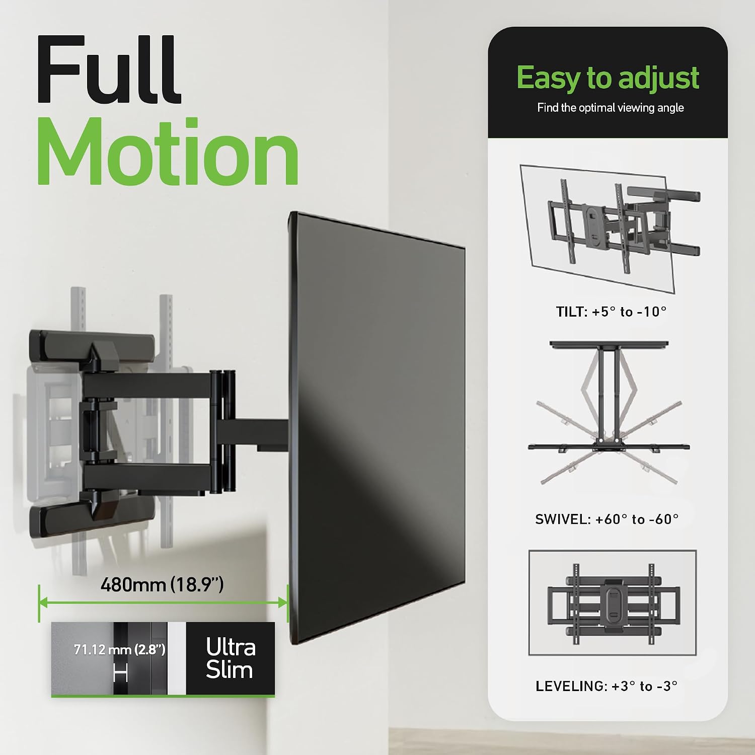 Heavy Duty Dual Arm Articulating TV Wall Mount Bracket for Hisense U75 Mini LED Google TV 65U75N 65 Inch TV - Tilt & Swivel with Reduced Glare - Image 2