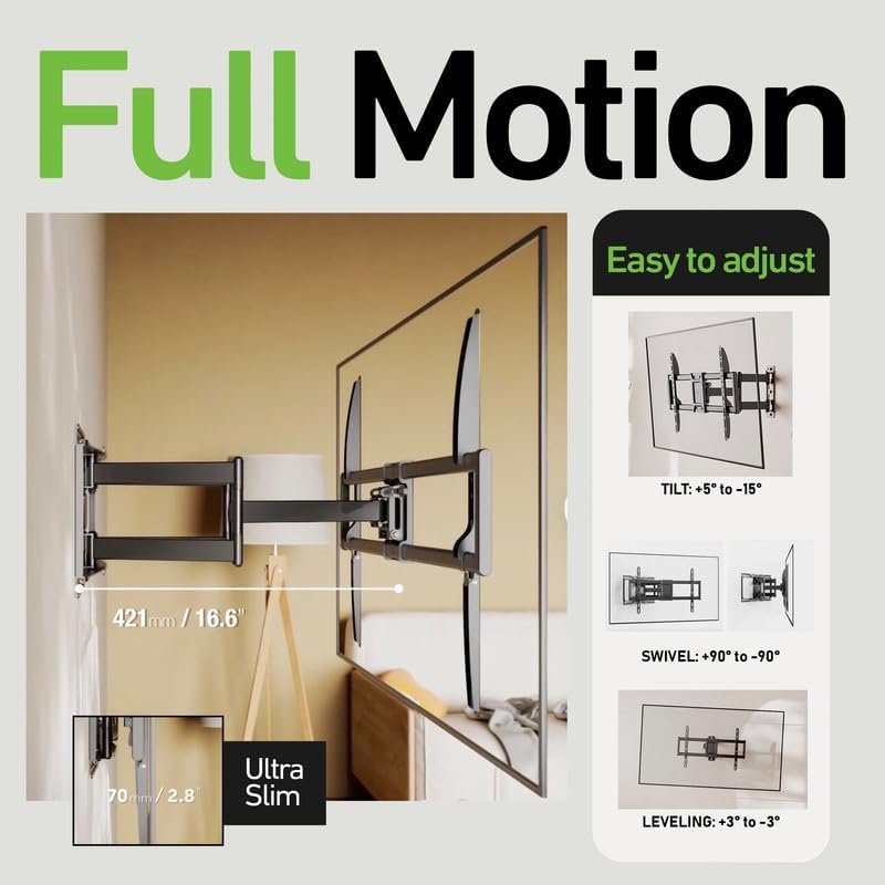 Heavy Duty Dual Arm Articulating Wall Mount Bracket for U8QG Mini-LED QLED 4K Google TV (2025) 55U8QG 55 InchTV - Tilt & Swivel/Pull Out 2.8"-16.6"/ Holds 165 lbs - Image 2