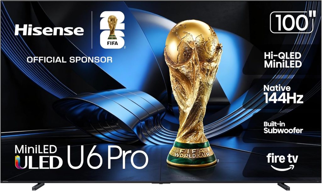 hisense 100" u6 pro series mini‑led uled 4k uhd hdr gaming ai smart fire tv (100u6sf pro, 2026 new) – hi qled, native 144hz, motion rate 480, dolby vision iq · atmos, hdr10+, glare free, alexa+