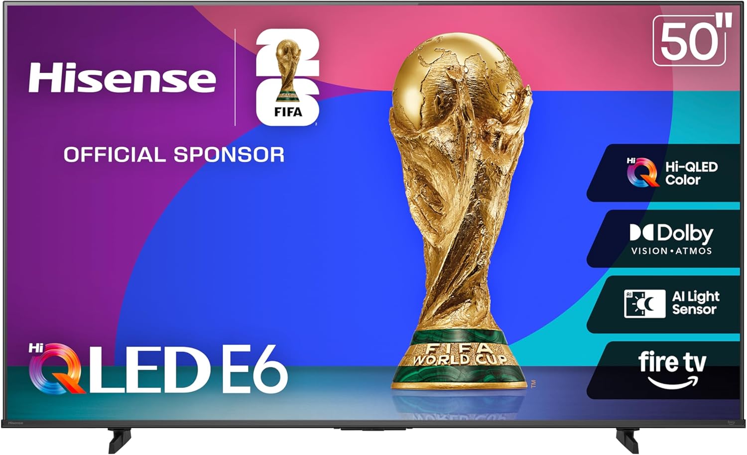 hisense 50" e6 cinema series hi qled 4k uhd smart fire tv (50e6qf) ai light sensor, dolby vision · atmos, voice remote with alexa, motion rate 120, hdr 10+ adaptive, game mode plus