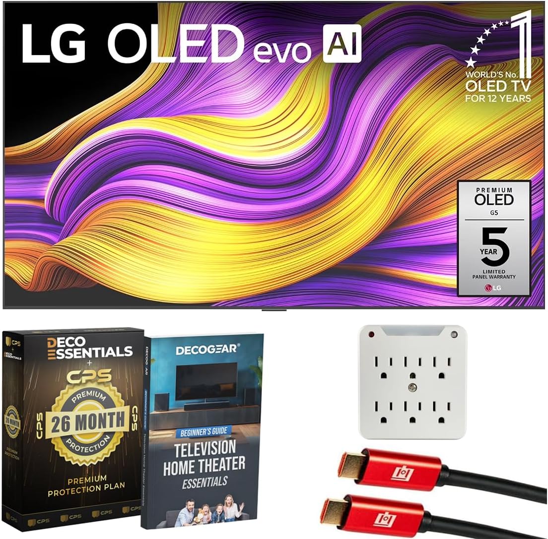 lg 65" g5 oled evo 4k uhd tv with one wall design 2025 bundle with deco essentials cps exclusive 26 month protection, 2x hdmi cable, surge adapter & deco gear home theater beginner′s guidebook