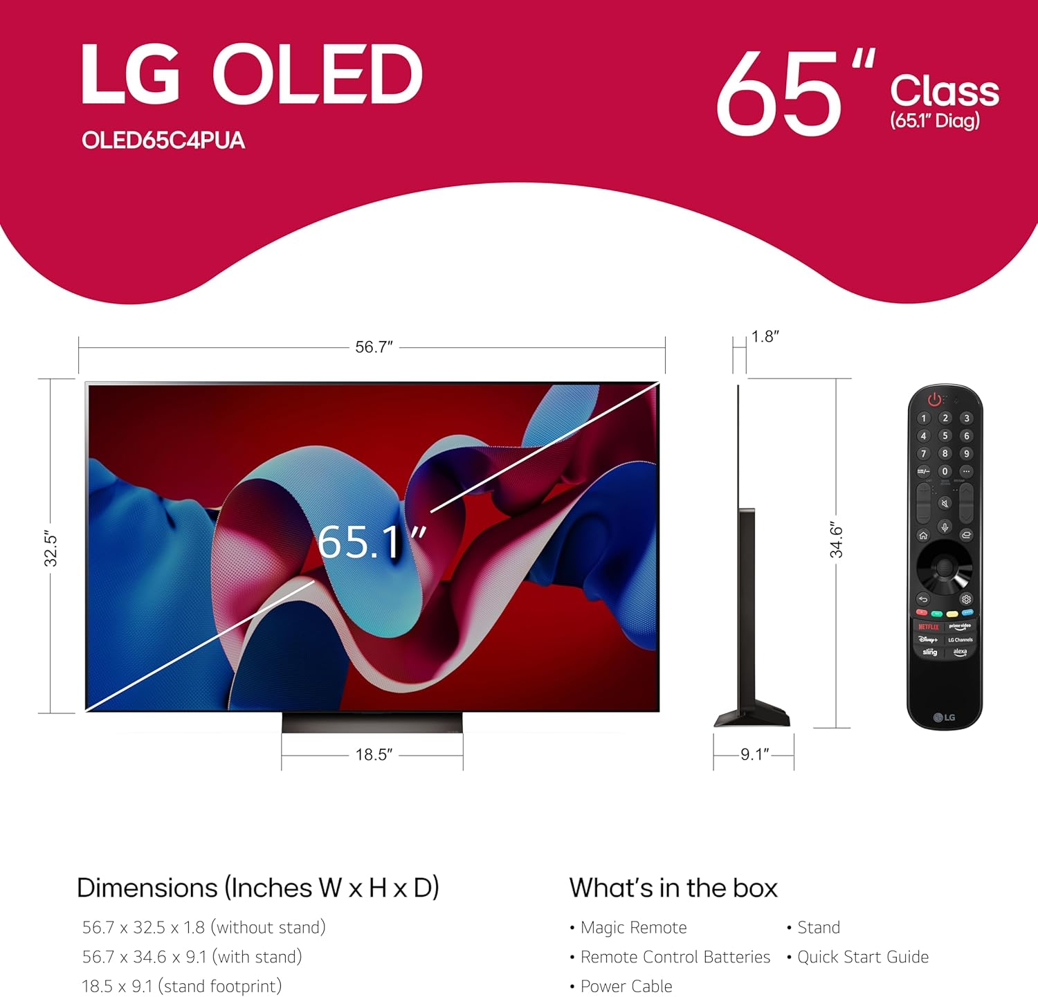 lg 65 inch class oled evo c4 series smart tv 4k processor flat screen with magic remote ai powered with alexa built in (oled65c4pua, 2024)