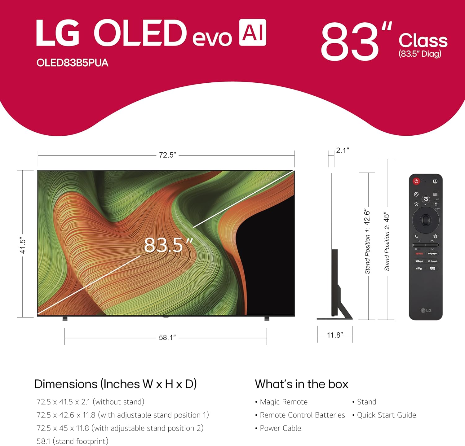lg 83 inch class oled ai 4k b5 series smart tv w/dolby atmos, dolby vision, hdr10, ai super upscaling 4k, filmmaker mode, wow orchestra, alexa built in (oled83b5pua, 2025)