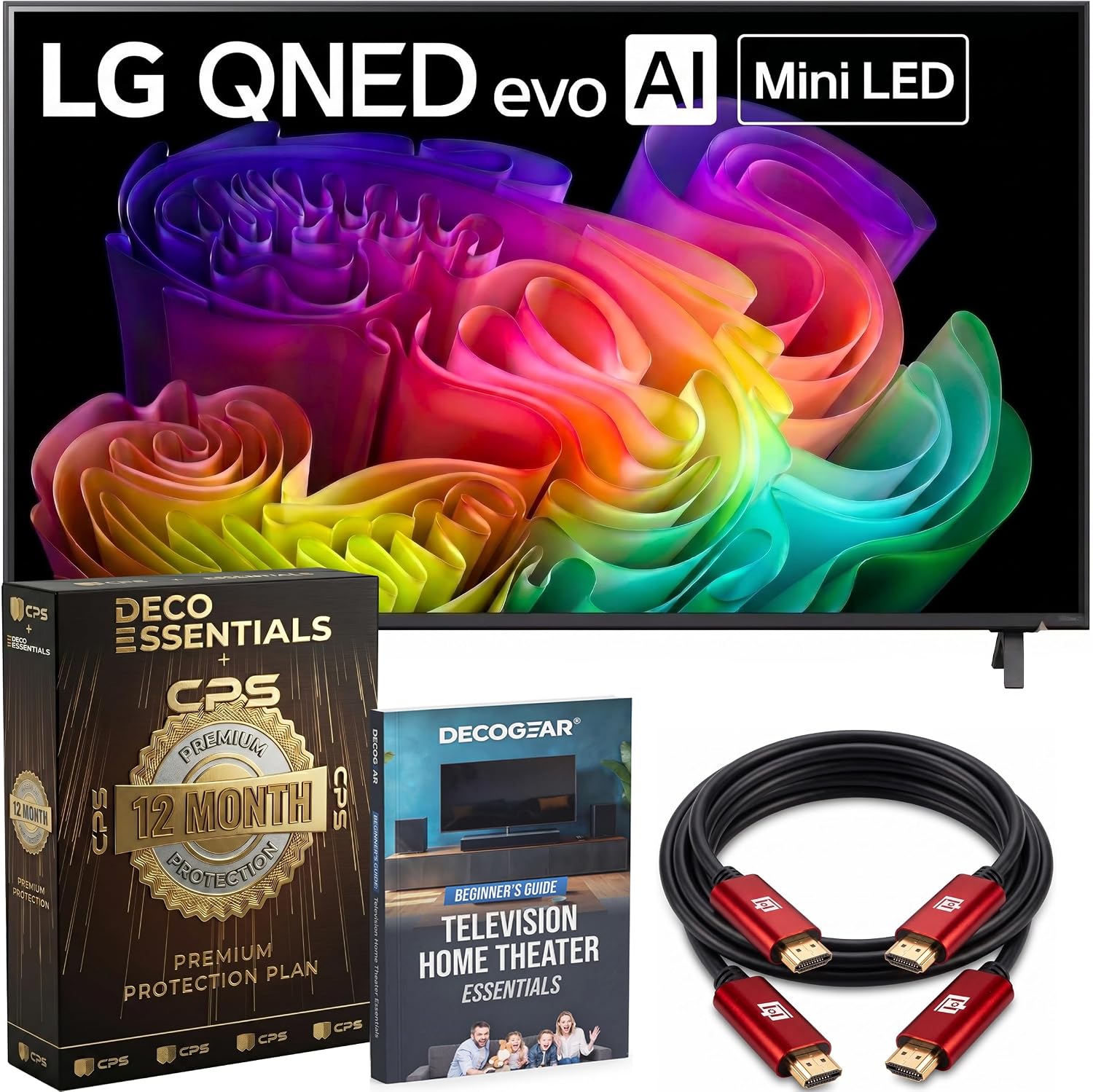 LG 85-Inch QNED evo AI Mini LED 4K Smart TV with a8 Gen3 Processor, Quantum Color, Dolby Vision, Dolby Atmos & 144Hz VRR Gaming Bundle with Deco Essentials 1-Year Extended Protection and HDMI Cables