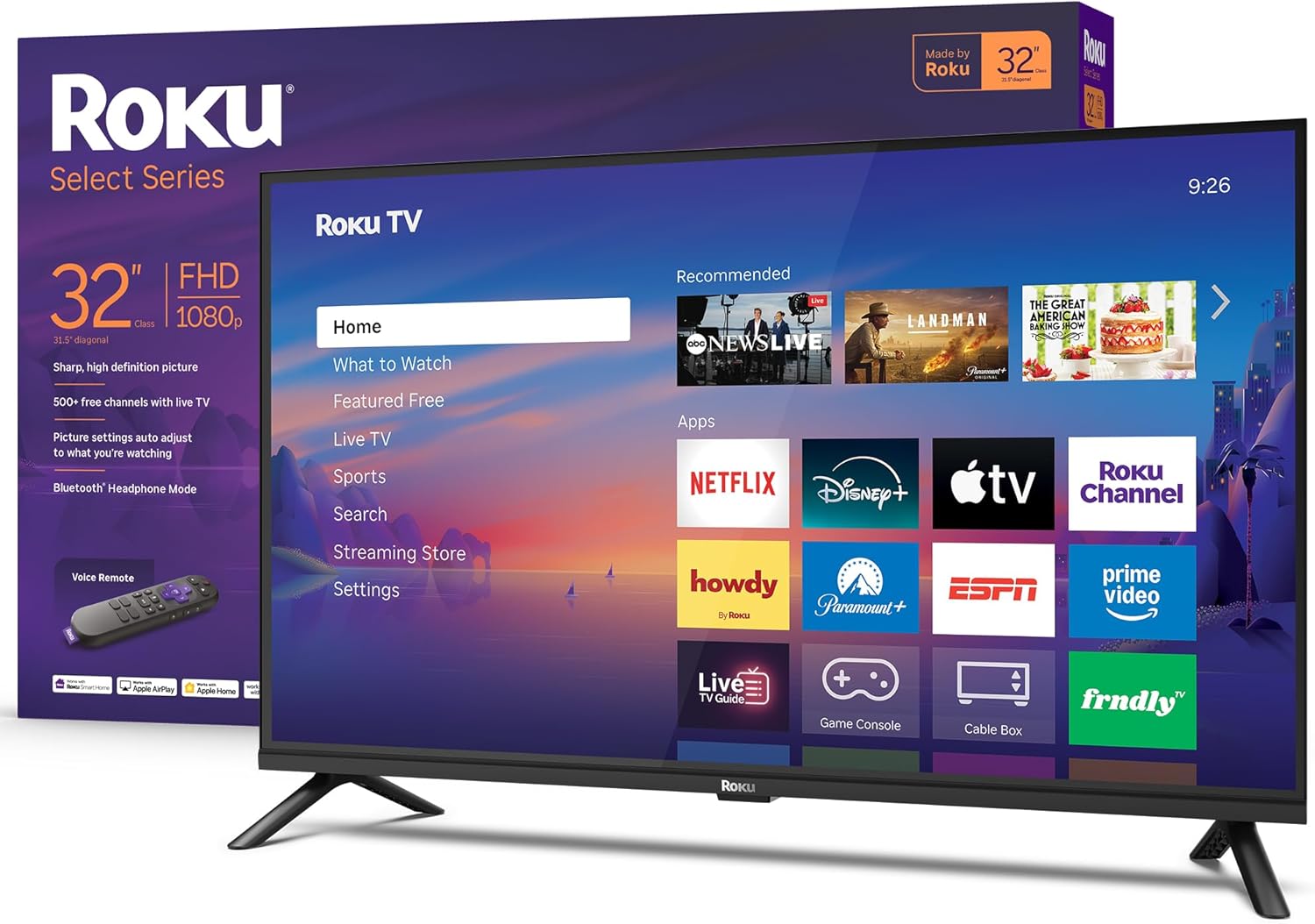 roku smart tv 2026 – 32 inch select series, 1080p full hd tv – roku tv with voice remote – flat screen led television with wi fi for streaming live local news sports & movies, bluetooth headphone mode