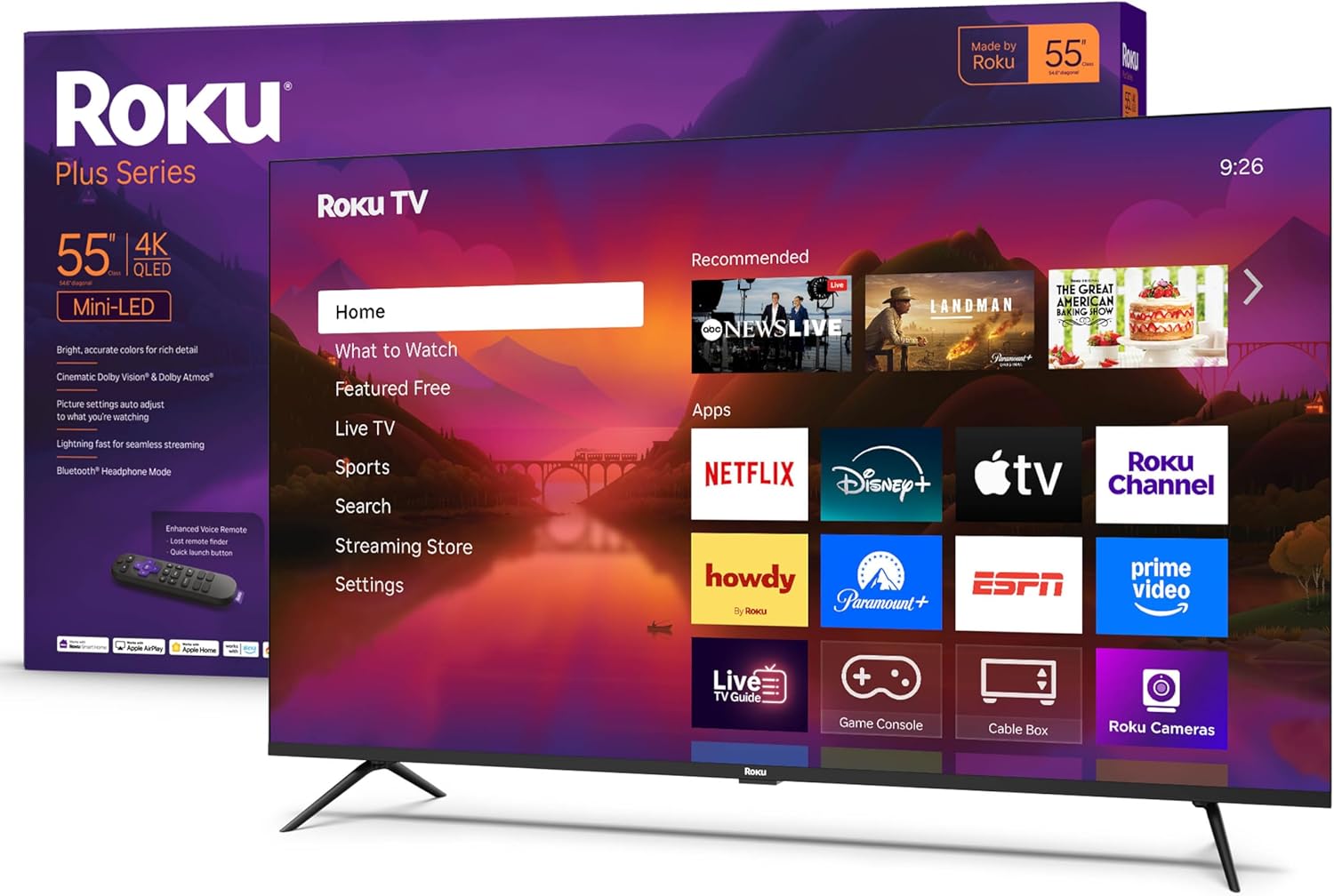 roku smart tv – 55 inch plus series, mini led tv – rokutv with enhanced voice remote – flat screen 4k qled television with dolby vision & wi fi for streaming live local news, sports