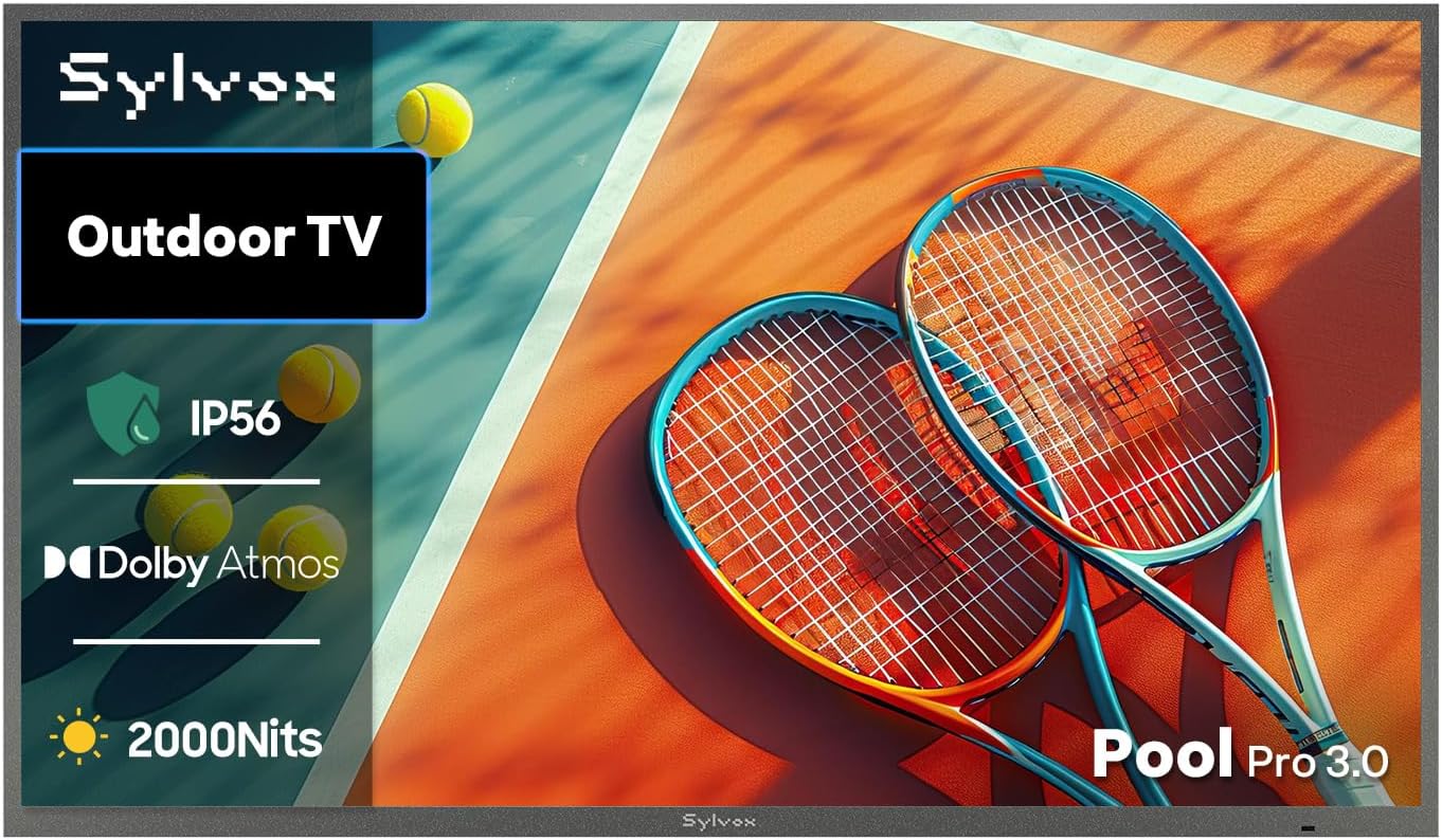 sylvox outdoor tv, 55 inch waterproof smart tv, 2000 nits full sun tv, 4k, dolby atmos, hdr10, weatherproof television with voice assistant remote (pool pro 2.0, latest model)