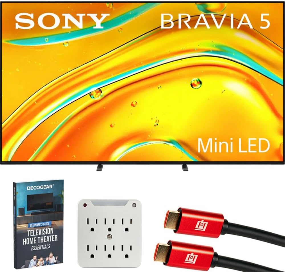 Sony BRAVIA 5 55 inch Mini LED 4K HDR Google TV (2025) K55XR50 Bundle with 2X Deco Gear 6FT HDMI Cable, SurgePro 6-Outlet Surge Adapter and Deco Gear Home Theater Beginner's Guide