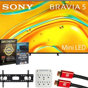 Sony K75XR50 BRAVIA 5 75" Mini LED 4K HDR TV (2025) Bundle with CPS Exclusive 26 Month Protection, Wall Mount, 2X HDMI Cables, Surge Adapter & Deco Gear Complete Home Theater Beginner's Guidebook