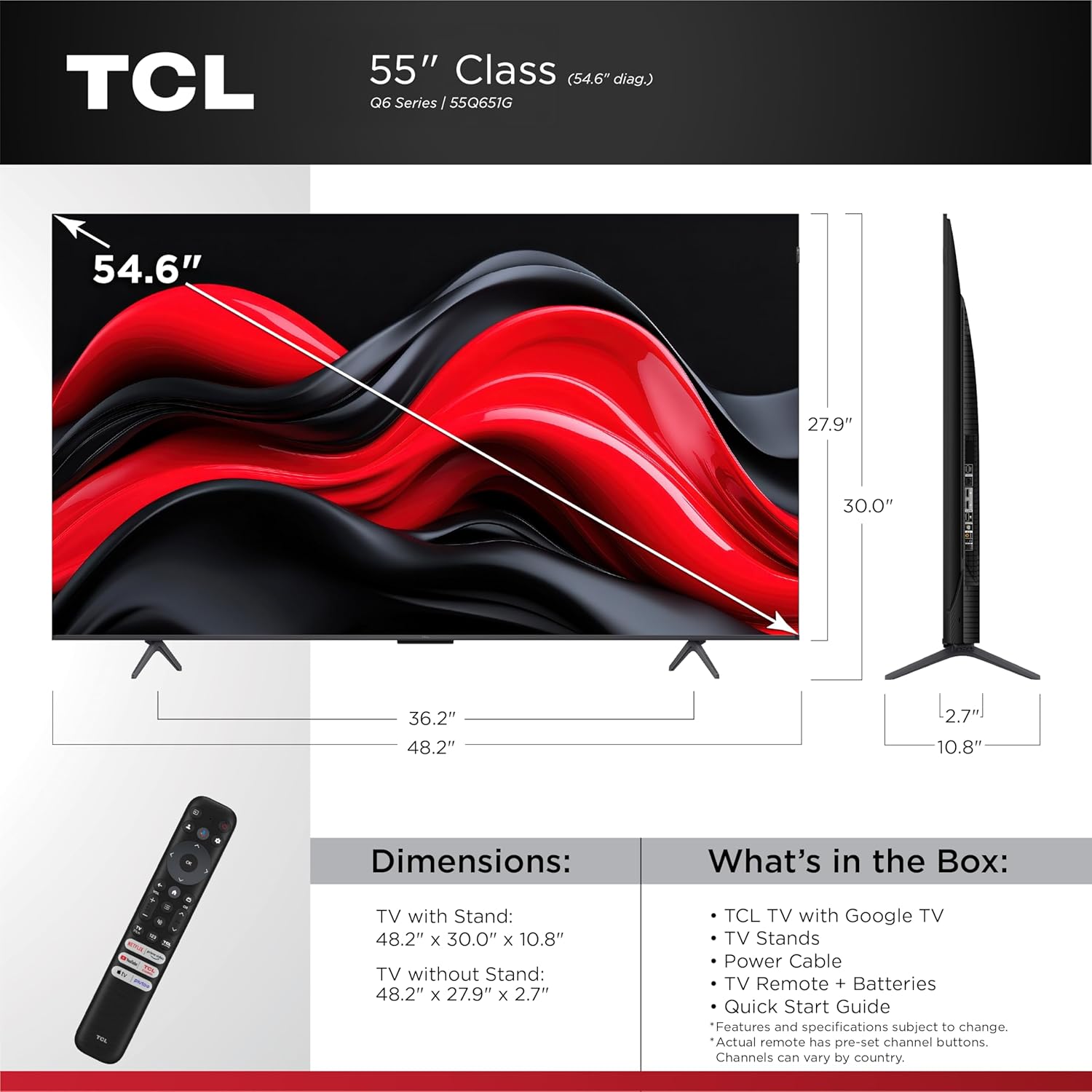 tcl 55 inch q65 qled 4k uhd smart tv with google tv (55q651g, 2024 model) dolby vision, dolby atmos, hdr pro+, game accelerator enhanced gaming, voice remote, works with alexa, streaming television