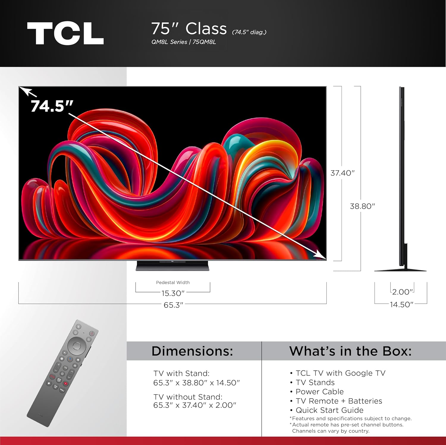 tcl 75 inch class qm8l series | sqd mini led qled smart tv | 75qm8l, 2026 model | 144hz | ultimate color brightness & contrast | google ai bang & olufsen | voice control gaming streaming television