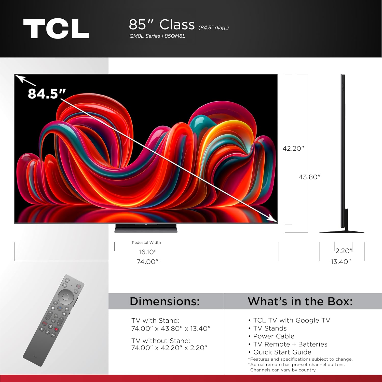 tcl 85 inch class qm8l series | sqd mini led qled smart tv | 85qm8l, 2026 model | 144hz | ultimate color brightness & contrast | google ai bang & olufsen | voice control gaming streaming television