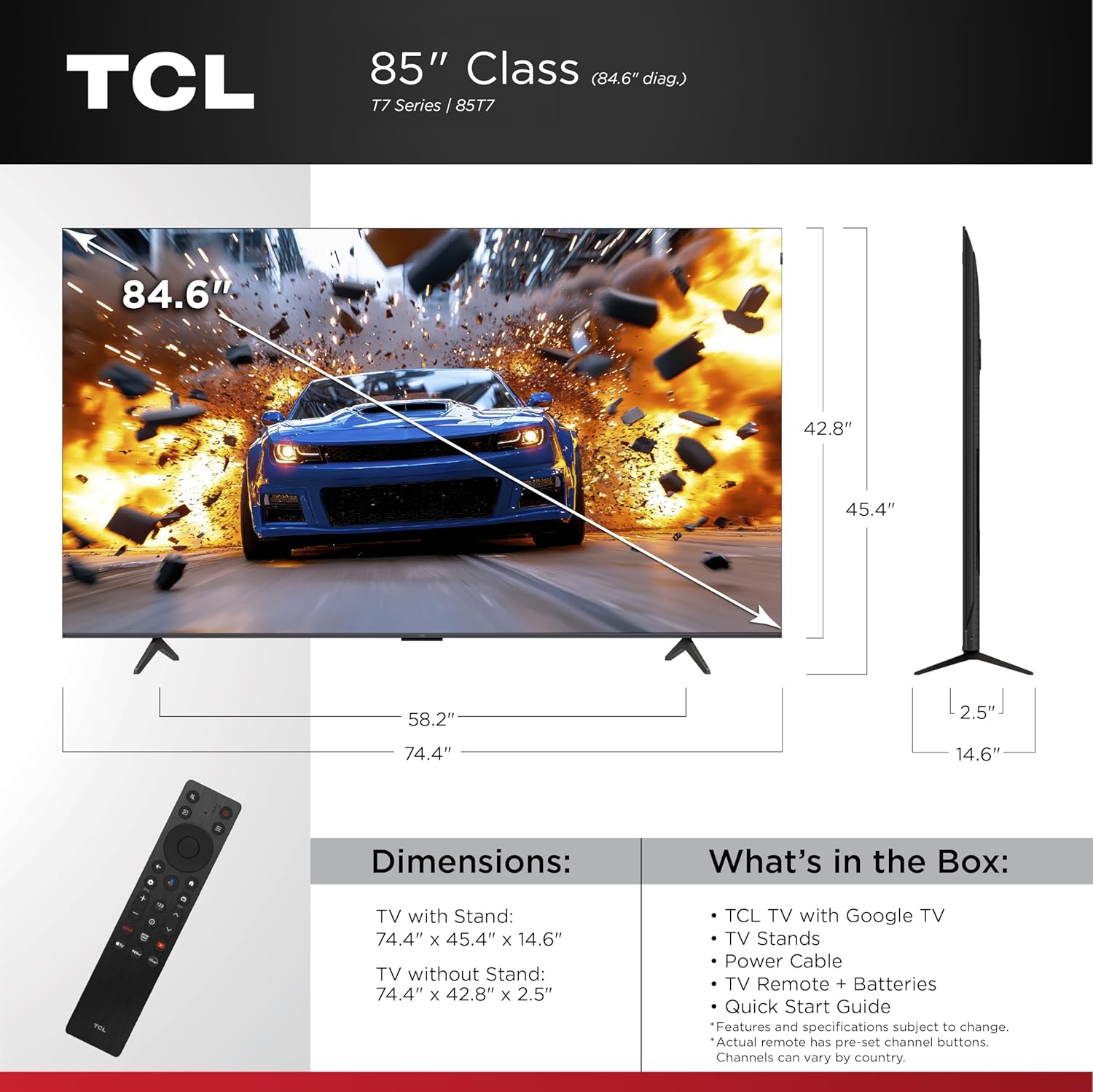 tcl amazon exclusive 85 inch class t7 series | 4k qled hdr lag free smart google tv | 85t7, 2025 model | 120hz 144hz high brightness, dolby atmos, alexa voice remote ai streaming gaming television